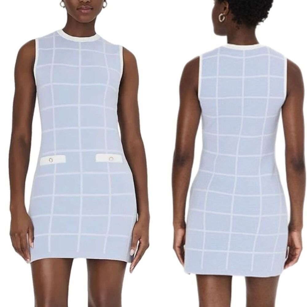 NWT French Connection Check Sleeveless Round Neck Mini Dress in blue and white.